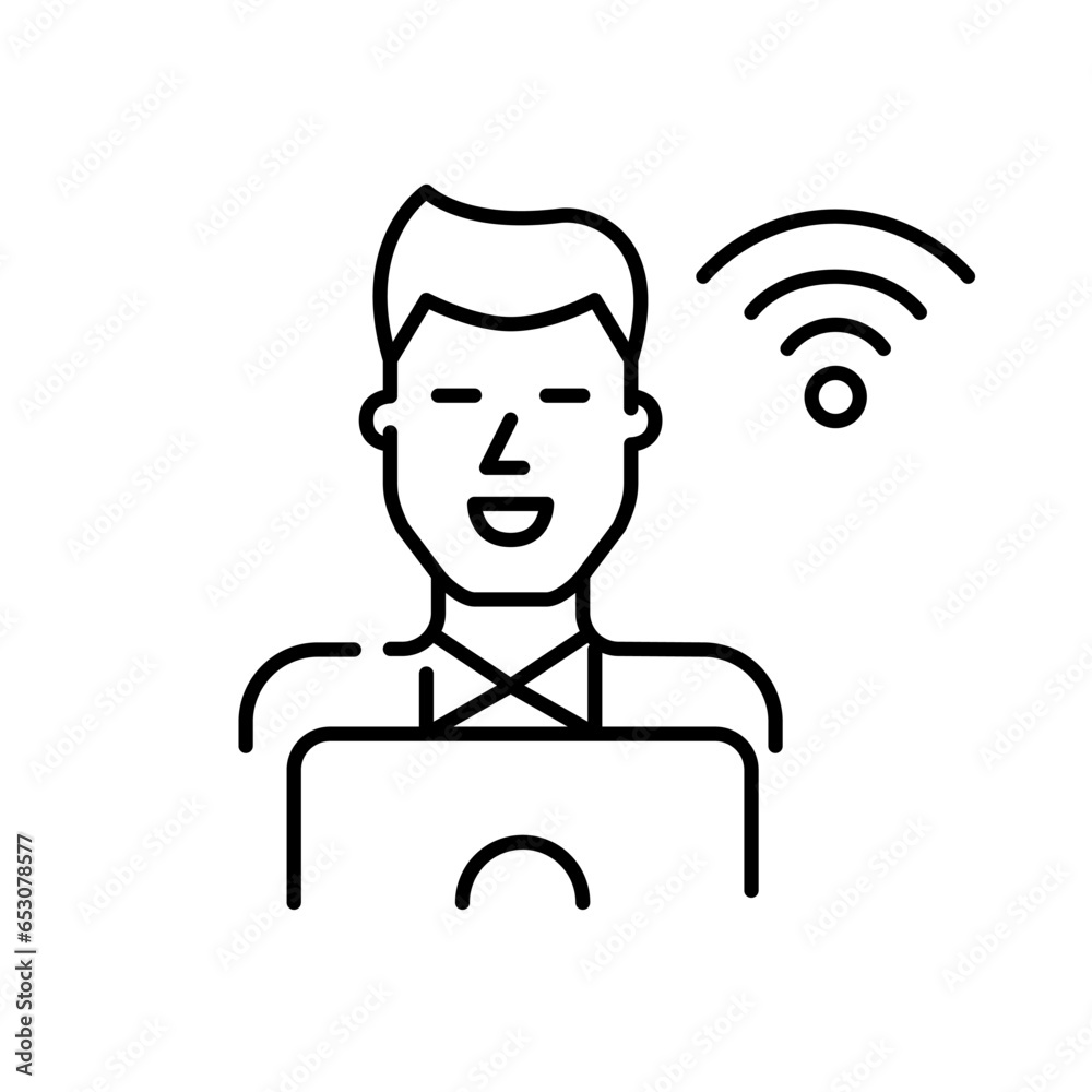 Wall mural man working at laptop using wifi. remote work. pixel perfect, editable stroke icon