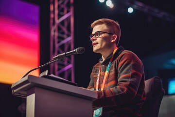 LGBTQ leader delivers a keynote address at a conference, talking about the importance of diversity,Generative AI. - obrazy, fototapety, plakaty