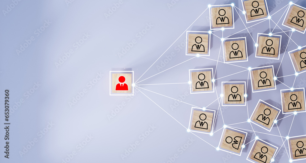 Wall mural wooden cube block print screen person icon which link connection network for organisation structure 