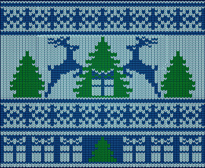 Knitted Happy new 2024 year card with  xmas deers, vector illustration	