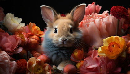 Cute baby rabbit sitting outdoors, surrounded by pink tulip bouquet generated by AI