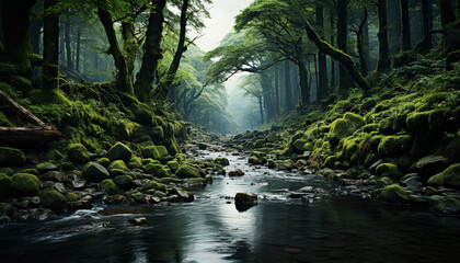 Tranquil scene green tree reflects in flowing water generated by AI