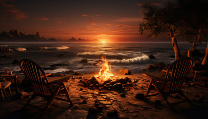 Fototapeta premium Sunset over the coastline, a bonfire burns on the sand generated by AI
