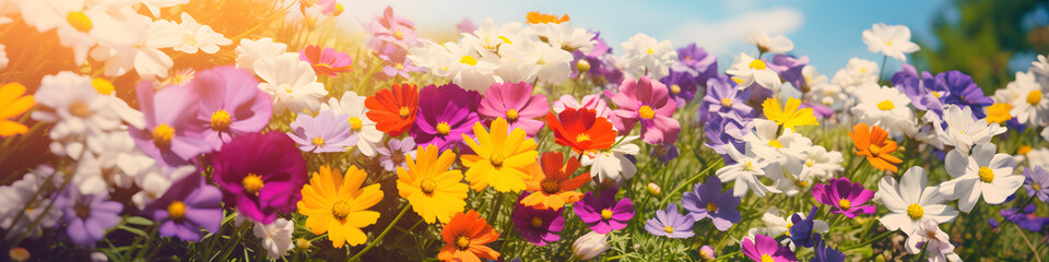 Colourful beautiful multicolored flowers Zínnia spring summer in Sunny garden in sunlight on nature outdoors. Ultra wide banner format