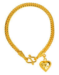 Gold bracelet with gold heart shaped pendant isolated on white background, Gold bracelet on White Background PNG File. - obrazy, fototapety, plakaty