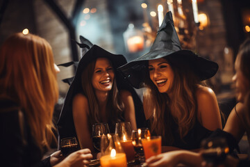 Friends enjoying Halloween party in witch costume - obrazy, fototapety, plakaty