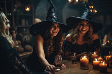 Friends enjoying Halloween party in witch costume