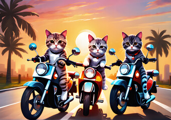 driver cats riding a motor cycle on the road under the sunset
