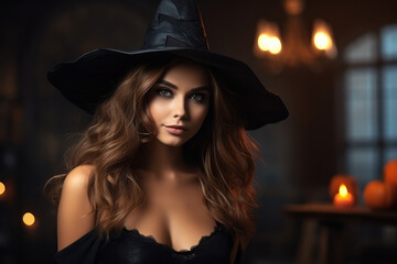 Portrait of beautiful woman in witch halloween costume