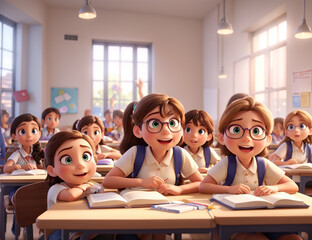 Animation of a group of students in class