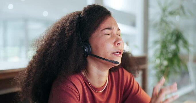 Call center woman, yawn and fatigue in office, night or burnout in consulting, telemarketing or tech support. CRM, customer service and tired at networking job, voip and headphones in dark workplace