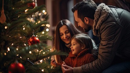 Obraz na płótnie Canvas Family decorating the Christmas tree