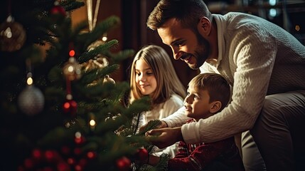 Obraz na płótnie Canvas Family decorating the Christmas tree