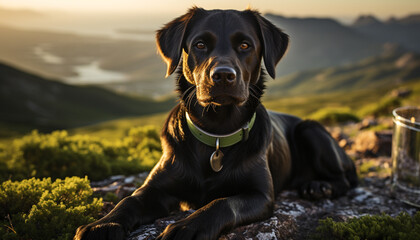 Cute puppy sitting outdoors, looking at sunset over mountains generated by AI - obrazy, fototapety, plakaty