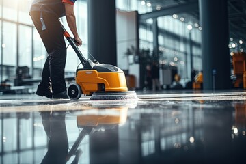 Worker washing office floor with cleaning machine. - obrazy, fototapety, plakaty