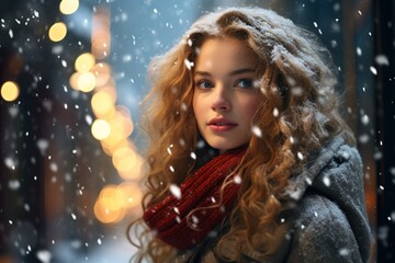 Woman under a snowfall in Christmas time.