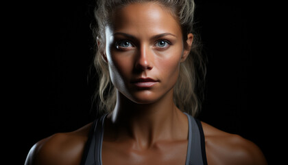 A beautiful young woman, confident and serious, looking at camera generated by AI