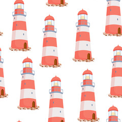 Seamless pattern with striped red and white lighthouse on stones on white background
