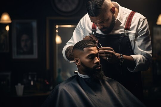 An African American barber trimming a customer's hair.