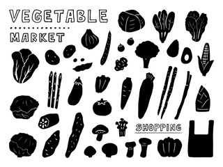 手描きのお野菜アイコンセット　モノクロ