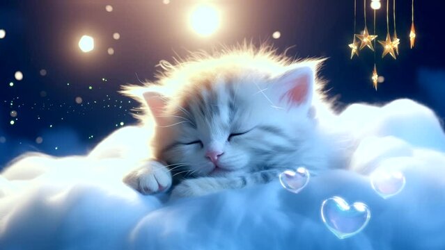 Lullaby For Babies video template looping cute cat sleep on cloud, relax and nice dream on night 4k quality	