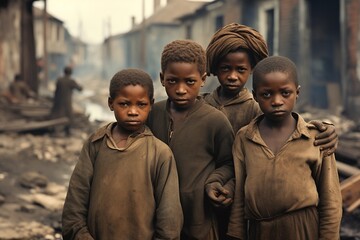 A group of African children in dirty clothes stands in bombed-out street. - obrazy, fototapety, plakaty