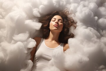 Woman sleeping on a white cloud.