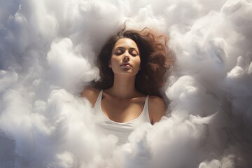 Woman sleeping on a white cloud.