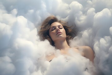 Woman sleeping on a white cloud.