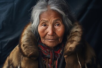 Portrait of native Alaskan Eskimo old woman. - obrazy, fototapety, plakaty