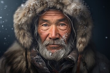 Portrait of native Alaskan Eskimo old man. - obrazy, fototapety, plakaty