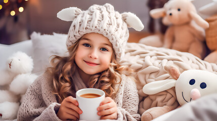 Girl on bed with hot cocoa in mug