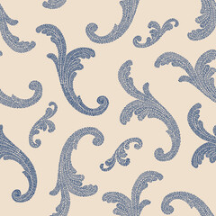 Vector seamless pattern of dark blue embroidered floral swirls on a beige background - obrazy, fototapety, plakaty