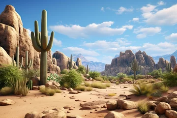 Foto op Plexiglas Desert landscape with cactus and mountains © Ara Hovhannisyan