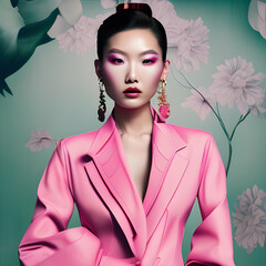 Portrait of an Asian woman model in pink blazer magazine cover style