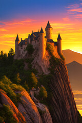 Castle on the hill sunset background