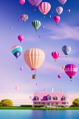 Colorful hot air balloons in paste pink sky dreamcore house