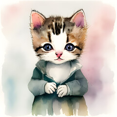 Kitten wearing jacket watercolor