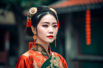 中国の民族衣装を着た女性