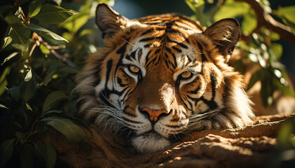 Obraz premium Majestic Bengal tiger staring, beauty in nature tranquility generated by AI