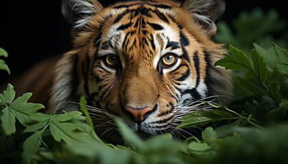 Majestic Bengal tiger, striped fur, staring, beauty in nature generated by AI