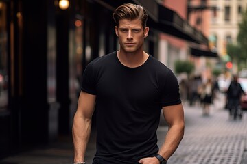 Male in a black T-shirt on a city street. - obrazy, fototapety, plakaty