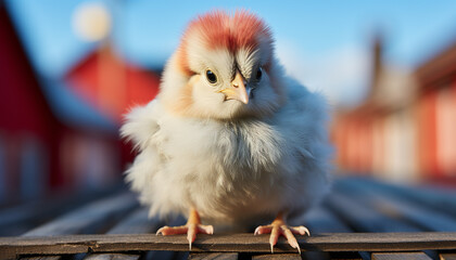 Cute baby chicken with fluffy yellow feathers standing outdoors generated by AI