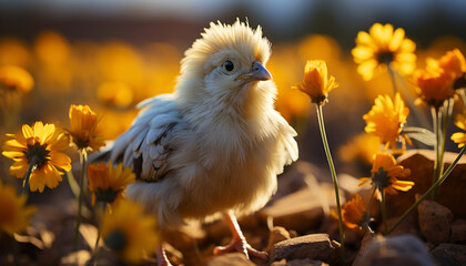 Cute baby chicken looking at yellow flower in meadow generated by AI