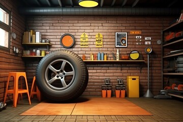 Garage or workshop interior with tires and tools - obrazy, fototapety, plakaty