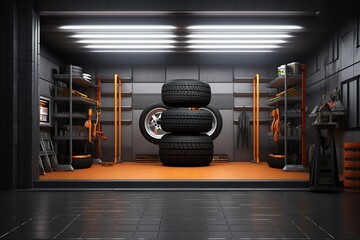 Garage or workshop interior with tires and tools