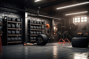 Garage or workshop interior with tires and tools