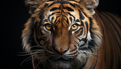 Majestic Bengal tiger staring, its striped fur a pattern of danger generated by AI