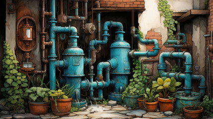 Pipes and water pipes with plants in the pots