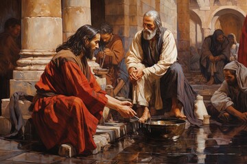 Jesus kneeling and washing men’s feet. - obrazy, fototapety, plakaty